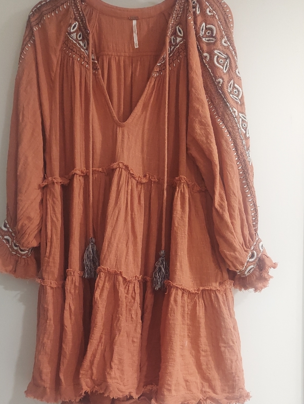 Free People Rust Orange Embroidered Tassel Tiered Tunic